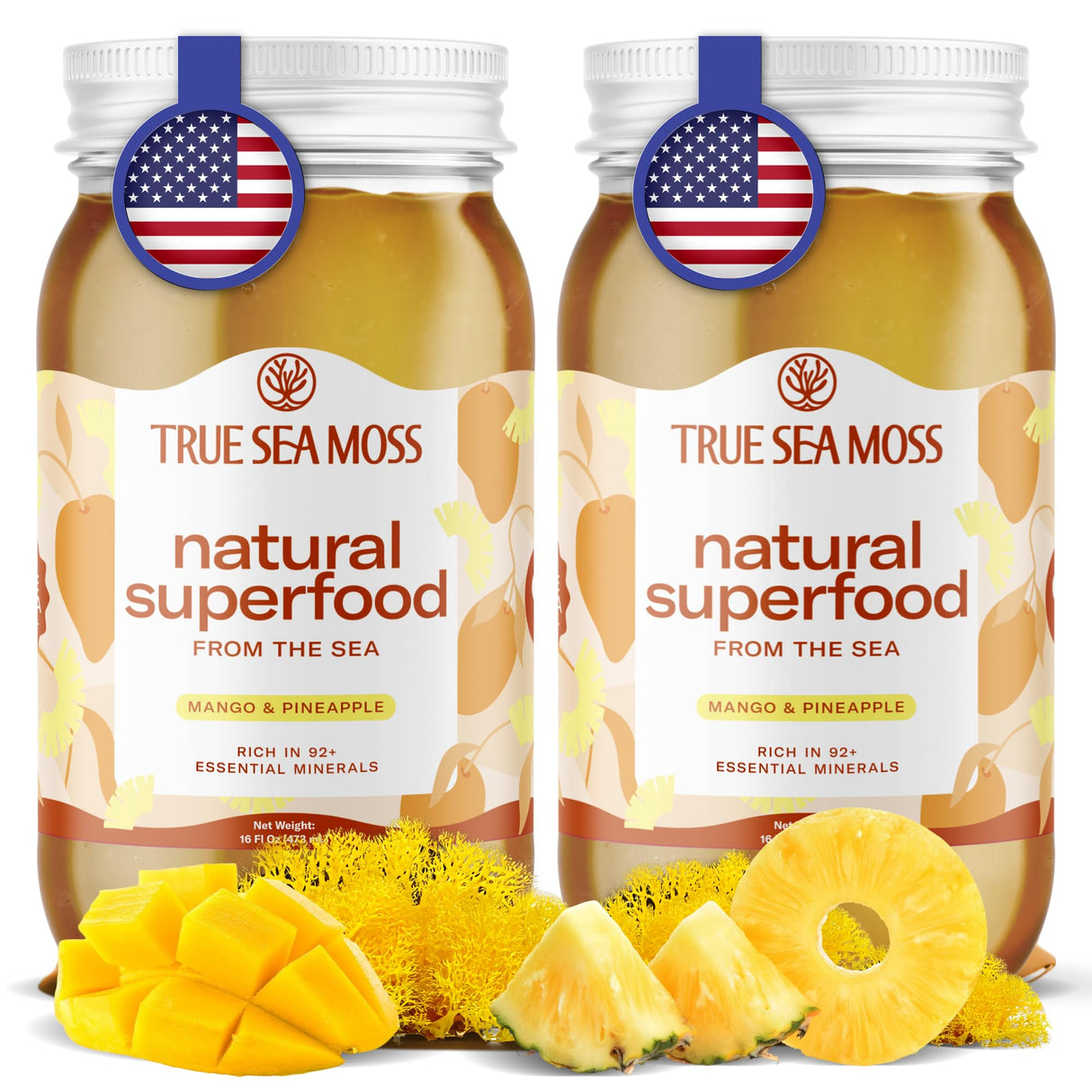 2 Pack TrueSeaMoss Wildcrafted Irish Sea Moss Gel - Made with Dried Seaweed & Fresh Sea Vegetables, Seamoss - Made in USA (Mango/Pineapple)