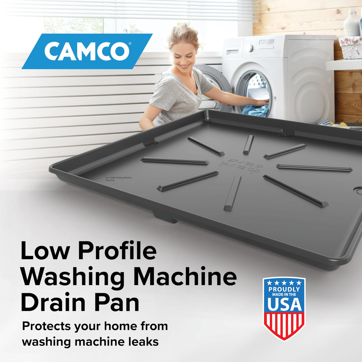 Camco Low Profile Washing Machine Drain Pan with PVC Fitting - 29 inch x 33 inch ID and 30.5 inch x 34.5 inch OD - Protects Your Floors from Washing Machine Leaks - Easy to Use - Graphite - 20784
