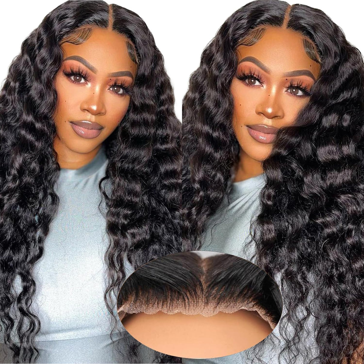 Glueless Curly Wigs Human Hair 7x5 Wear and Go Wig Human Hair Pre Plucked Pre Cut Black Deep Wave Closure Lace Front Wigs Human Hair 12a 220% Density Loose Curly Wig Bleached Knots for Women 28 Inch