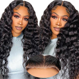 Glueless Curly Wigs Human Hair 7x5 Wear and Go Wig Human Hair Pre Plucked Pre Cut Black Deep Wave Closure Lace Front Wigs Human Hair 12a 220% Density Loose Curly Wig Bleached Knots for Women 28 Inch