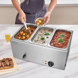 VEVOR 3-Pan Commercial Food Warmer, 24QT Electric Steam Table, 1200W Professional Countertop Stainless Steel Buffet Bain Marie with 86-185°F Temp Control for Catering and Restaurants, Silver