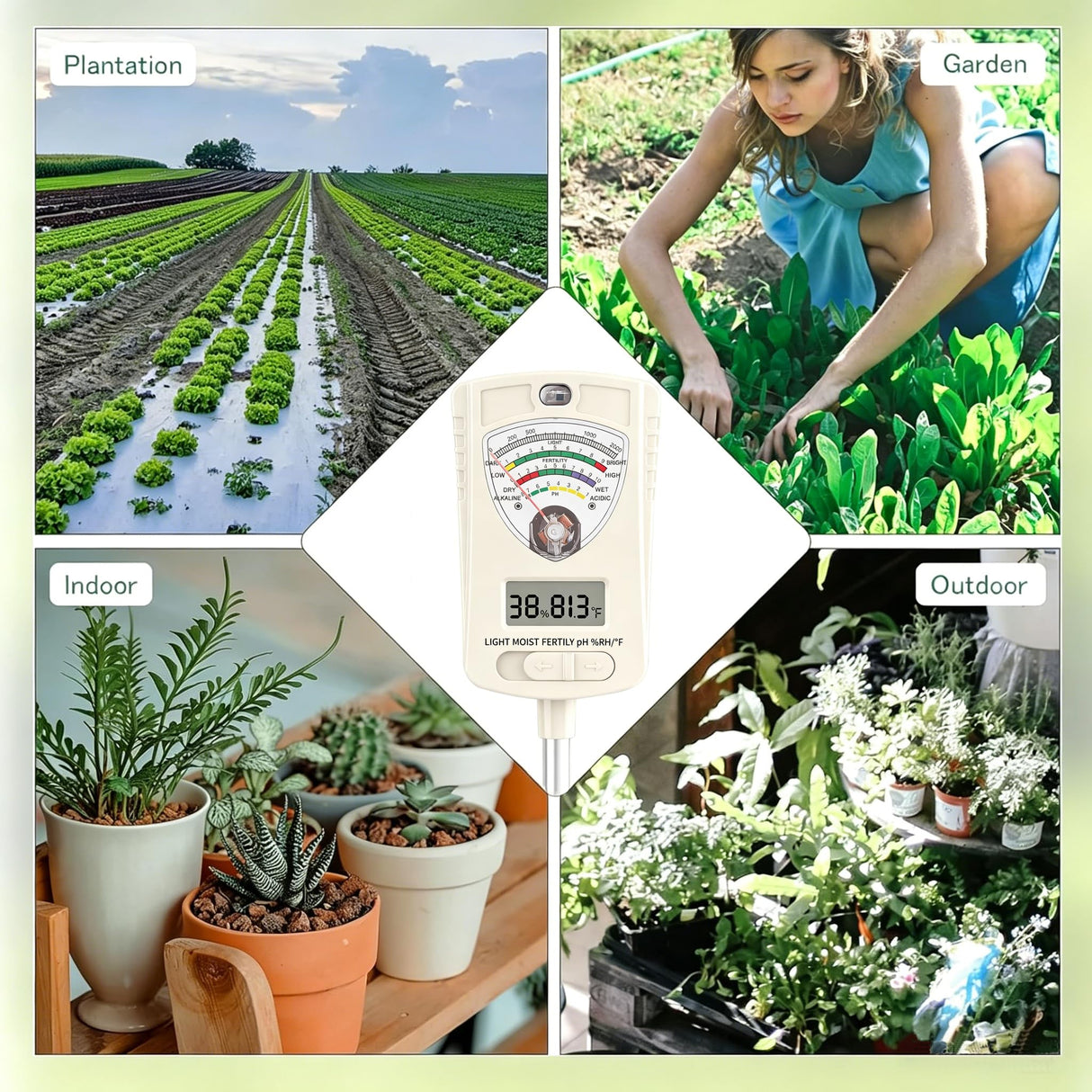 Soil Test Kit, 7-in-1 Soil Moisture Meter, Dual Screen Soil Tester, Moisture/pH/Temperature/Sunlight/Air Humidity/Fertility, Perfect for Farming, Gardening, Lawns, Outdoor-Lvory White