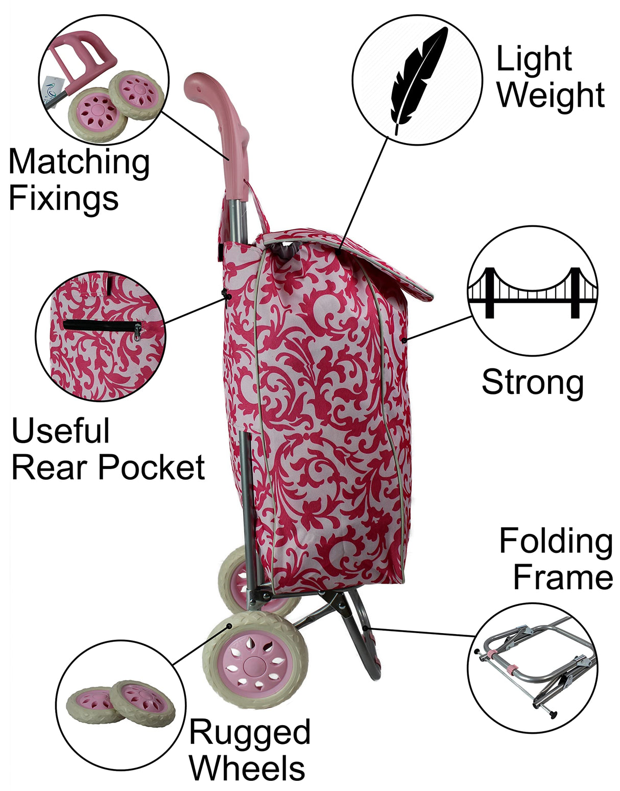 Large Shopping trolley. Modern and colourful pull push cart. Lightweight and strong. Collapsible, folding stow away design. (Pink)