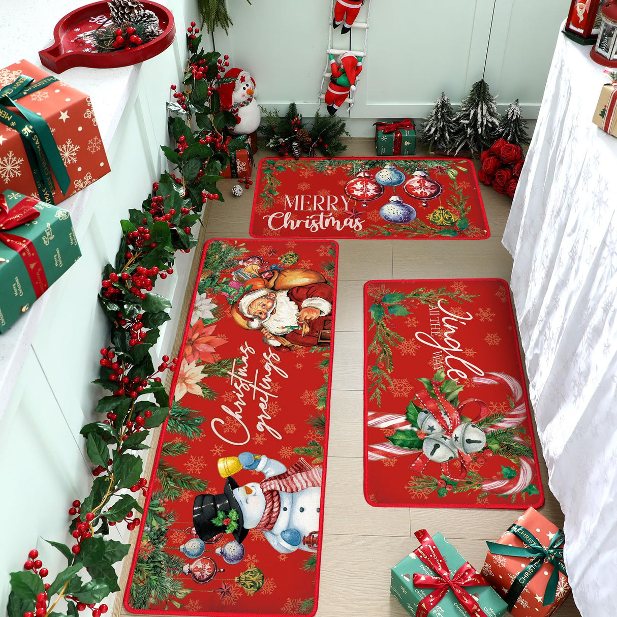 Drydiet 3 Pcs Christmas Kitchen Rugs and Mats Set Xmas Winter Farmhouse Non Slip Rugs Christmas Snowman Candy Holly Berries Floor Mats for Kitchen Home Hallway Holiday Decor, 17 x 29 and 17 x 47 Inch