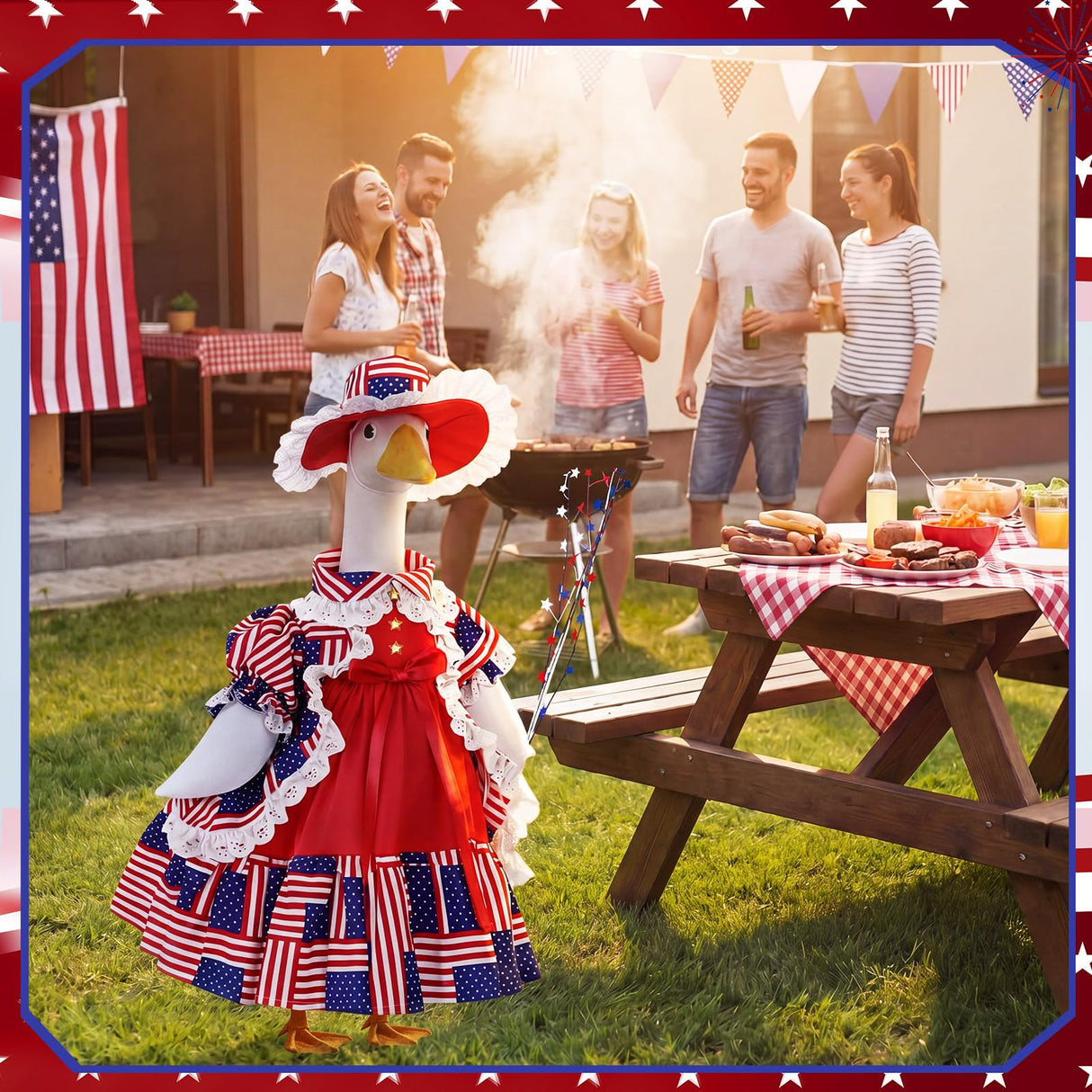 FuWeave 4th of July Porch Goose Outfit for 23'' Plastic Patriotic Cement Goose Statue Clothes Skirt Costume for Independence Day Outdoor Patio Yard Lawn Decor(Style3)
