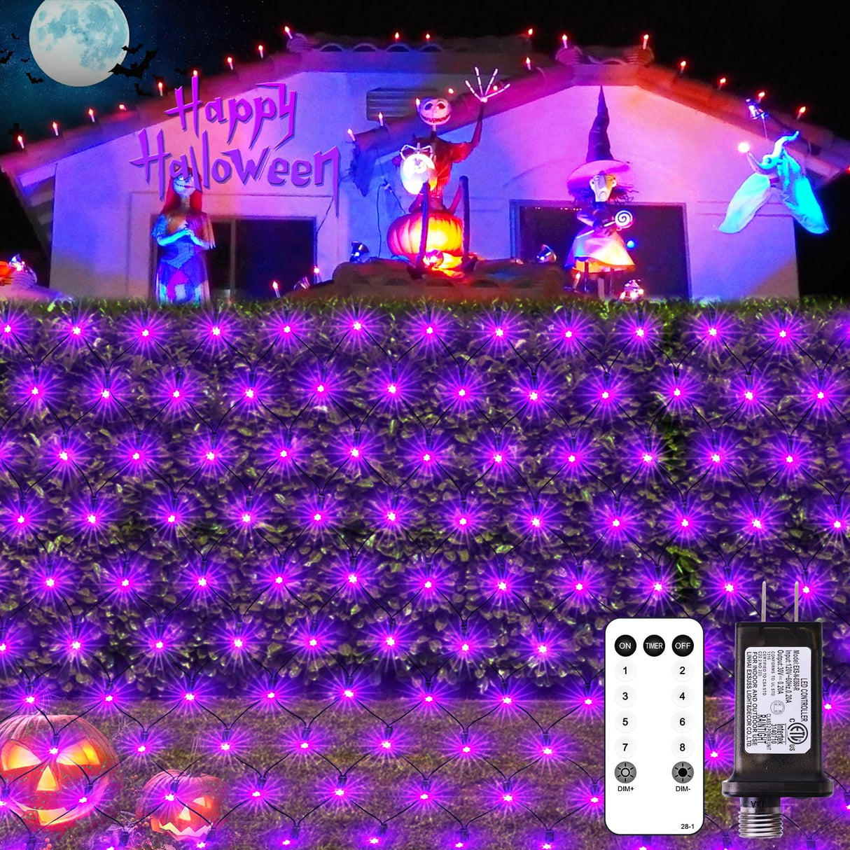JMEXSUSS 360 LED 12ft x 5ft Halloween Net Lights, Connectable Purple Mesh Lights Outdoor Plug in with Remote, 8 Modes Waterproof Purple Halloween Light for Bushes Halloween Christmas Decorations