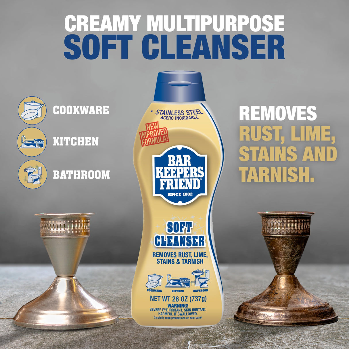 Bar Keepers Friend Soft Cleanser Liquid (2 x 26 oz) Plus Dish Fish Sponge - Multipurpose Cleaner & Rust Stain Remover for Stainless Steel, Porcelain, Ceramic Tile, Copper, Brass & More