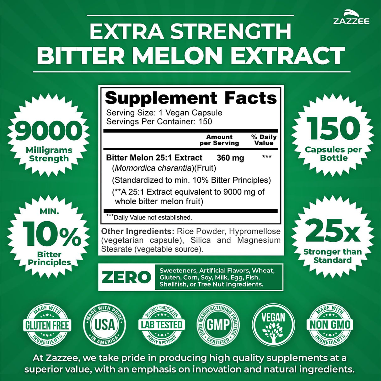 Zazzee Extra Strength Bitter Melon 25:1 Extract, 9000 mg Strength, 10% Bitter Principles, 150 Vegan Capsules, Standardized and Concentrated 25X Extract, 100% Vegetarian, All-Natural and Non-GMO