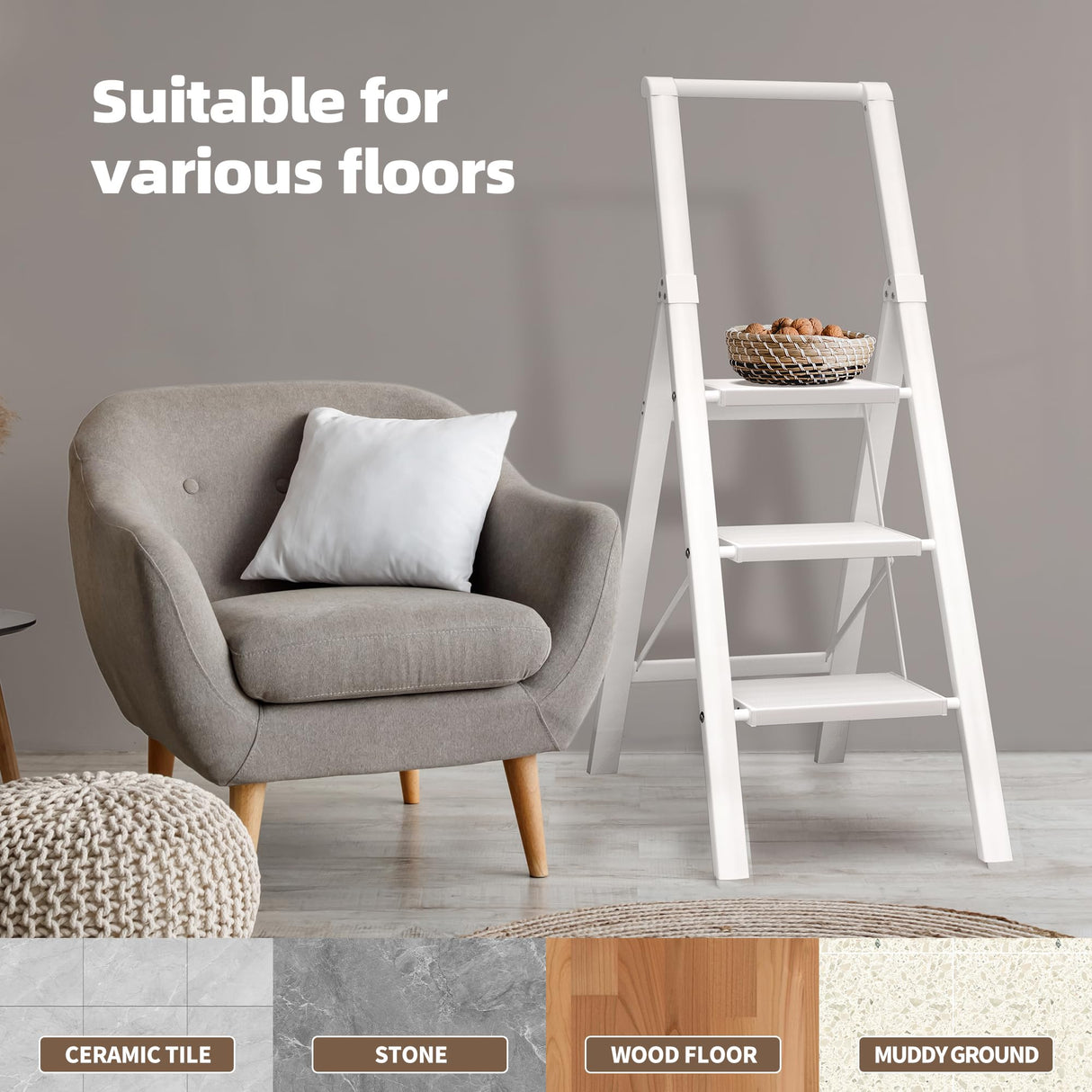 HillhutApex 3 Step Foldable Aluminum Step Ladder with Handgrip, Anti-Slip Pedal, 330 lbs Capacity, Lightweight & Portable for Home, Kitchen, Office, Garage (White)