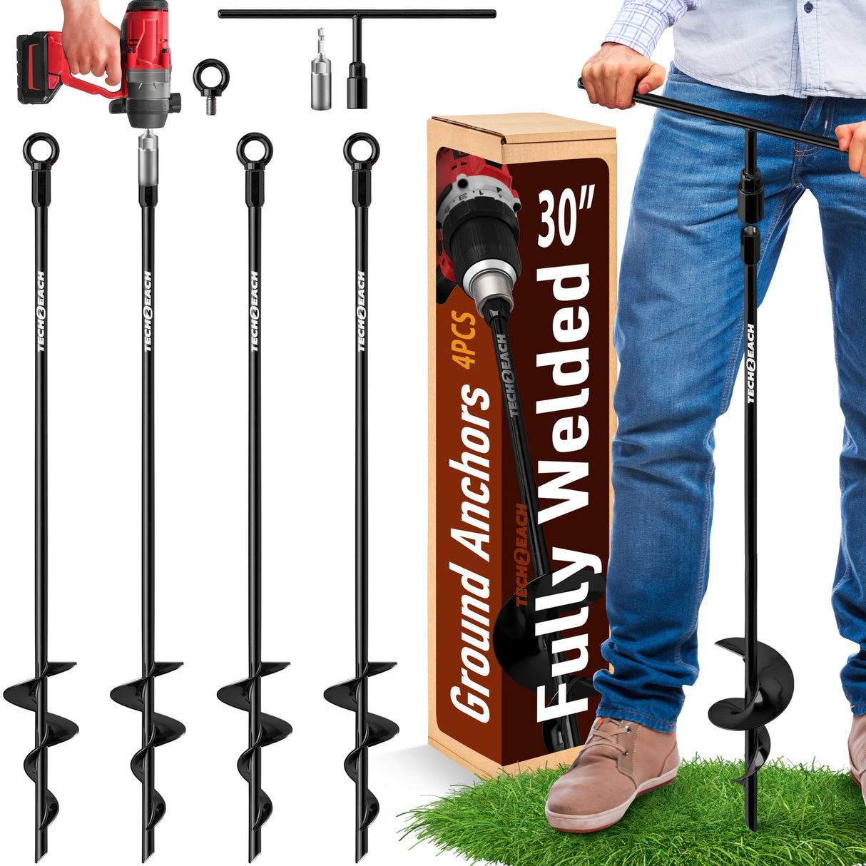 30 inch Ground Anchors Heavy Duty Screw in - Kit of 4 Fully Welded Earth Anchors - Long Spiral Tie Down Stakes for Swing Set Shed Trampoline Canopy Tree Tent - High Wind Anchor - Sand Auger Stake