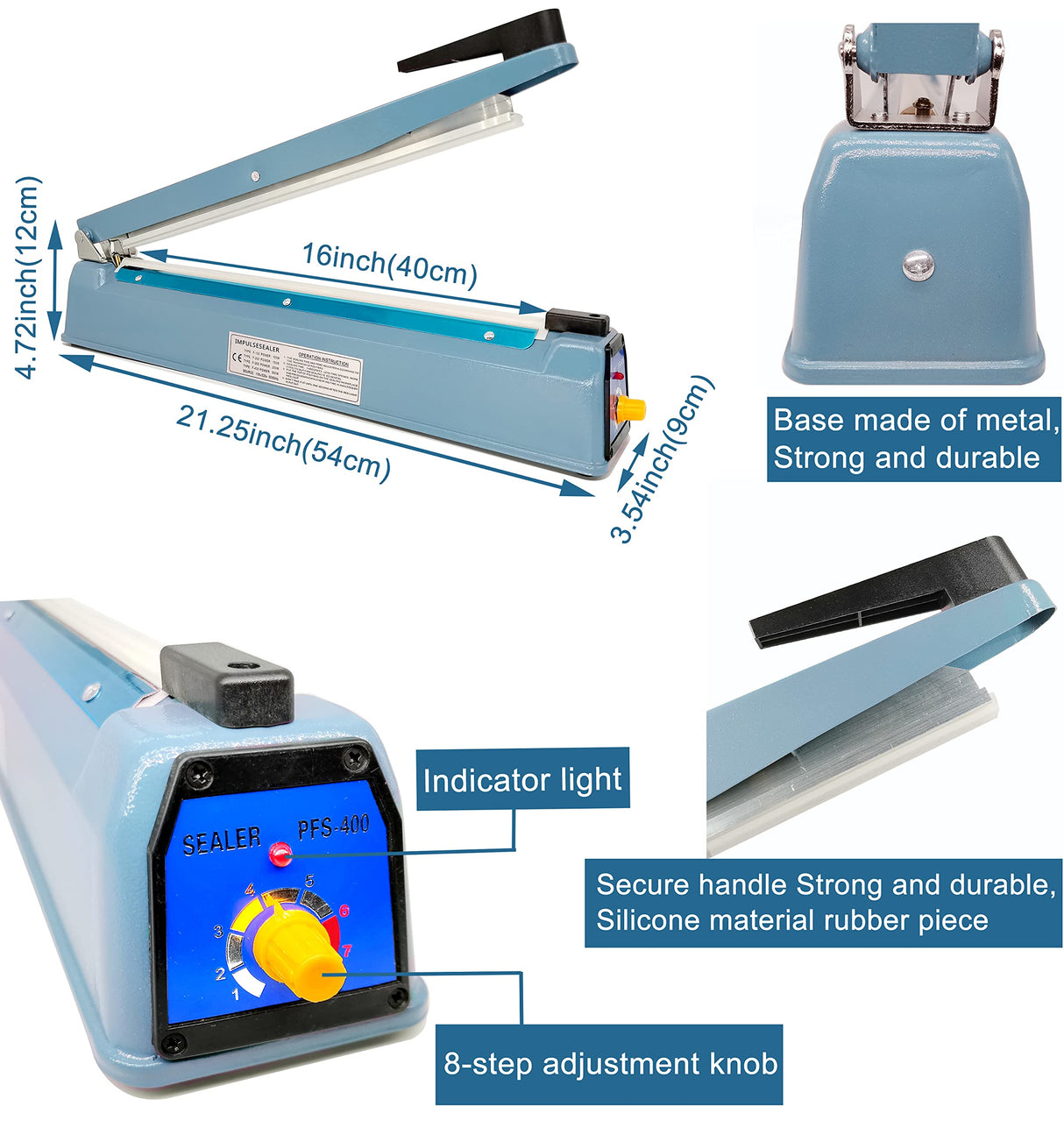Impulse Heat Sealer 16 Inch Mylar Bag Sealer Heat Seal Machine, 110v Manual Heat Sealer for Plastic/Poly/Cookie Bags, 8 Replacement Parts & Teflon Cloth Strip(2 Round Cutter Lines Included)
