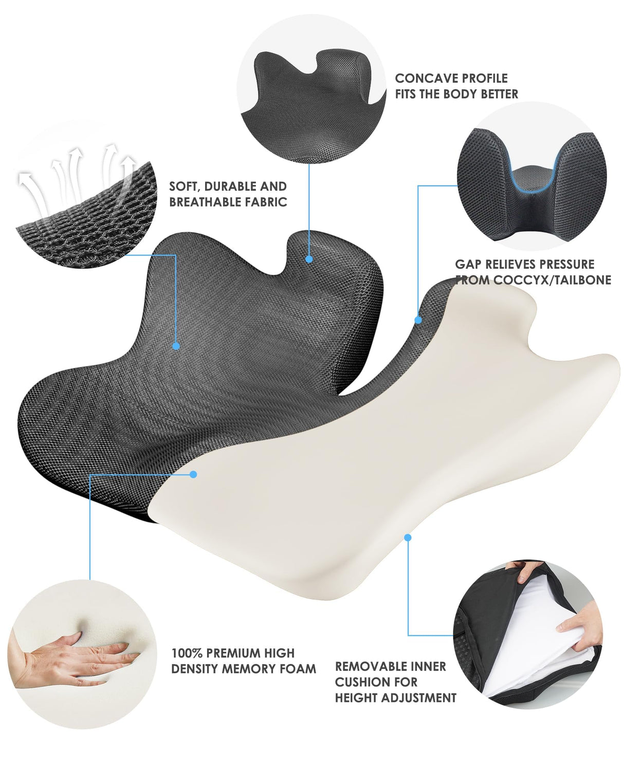 KFM 16" Large Memory Foam Seat Cushion Thick for Long Sitting Pressure Tailbone Pain Relief Height Adjustable with Retaining Strap for Office, Gaming Chair, Car, Wheelchair (Grey)
