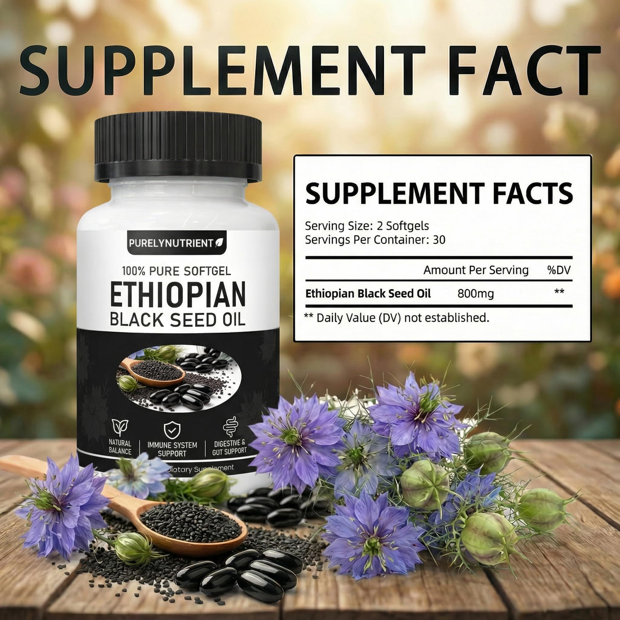 Ethiopian Black Seed Oil, Purely Nutrient Ethiopian BlackSeed Oil Capsules with Thymoquinone, Organic Cold-Pressed, 60 Softgels