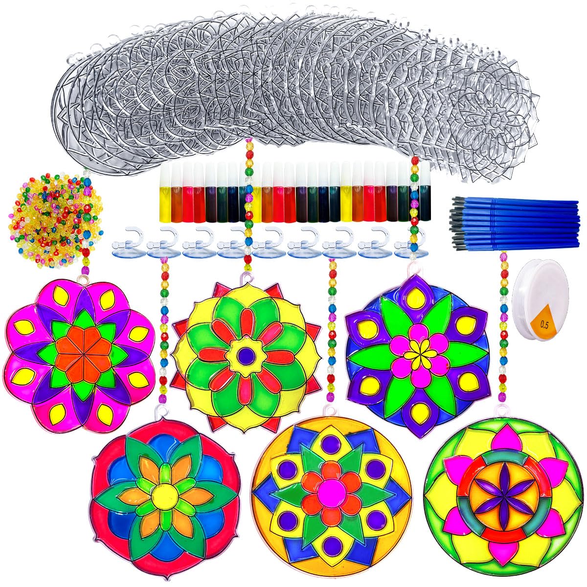 AUEKIV 30 Sets Suncatcher Kit Mandala Suncatchers Window Art Paint Sun Catcher DIY Craft Kits Flower Suncatcher Kit for Summer Decoration Home Activity Art Project Birthday Party Favors