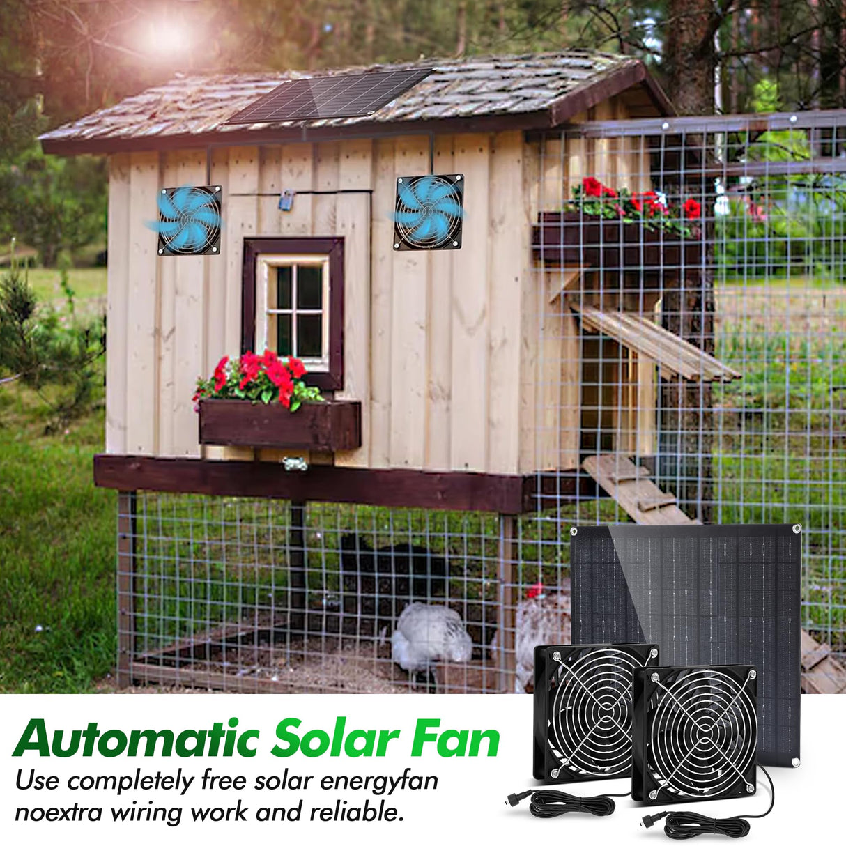 5.5" Solar Fan, Solar Panel Fan, 30W Solar Powered Fan with Dual IPX7 Waterproof Fans for Outside Chicken Coops, Greenhouses, Sheds, Intake or Exhaust Air Fan, Solar Ventilation Fan, Solar Exhaust Fan