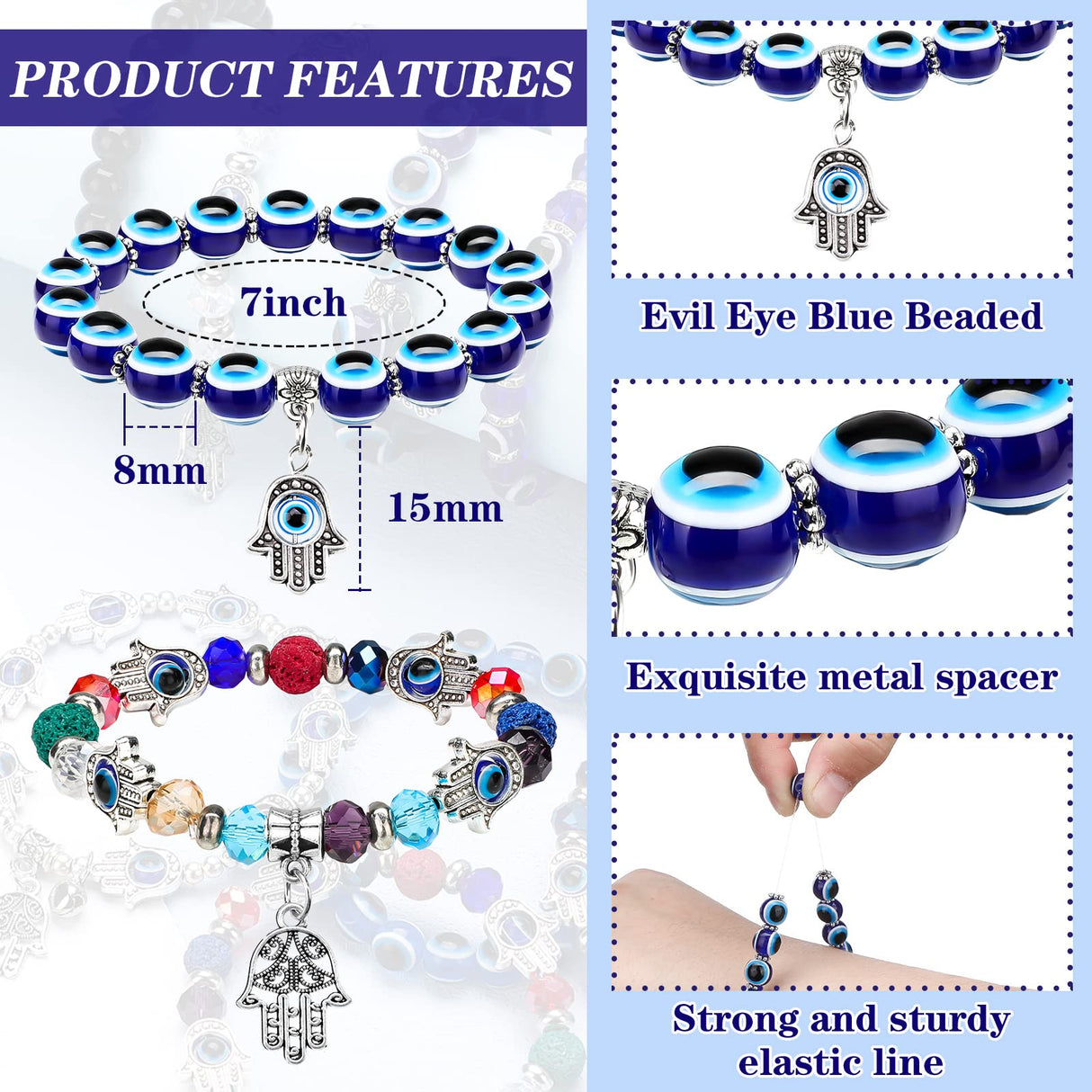 Junkin 12 Pcs Evil Eye Charm Bracelets Hamsa Beaded Charm Hand of Fatima Turkish Greek Blue Eyes Stretch Bracelet Lucky Protection Wristband for Women Men Blessing Gift