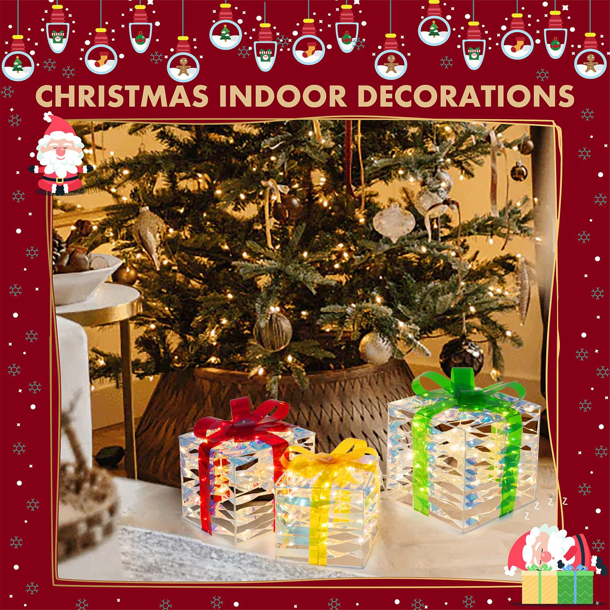Set of 3 Christmas Lighted Gift Boxes with 140 LED Lights, Plug-in Holiday Decorations for Xmas Tree, Home, Indoor Outdoor Décor