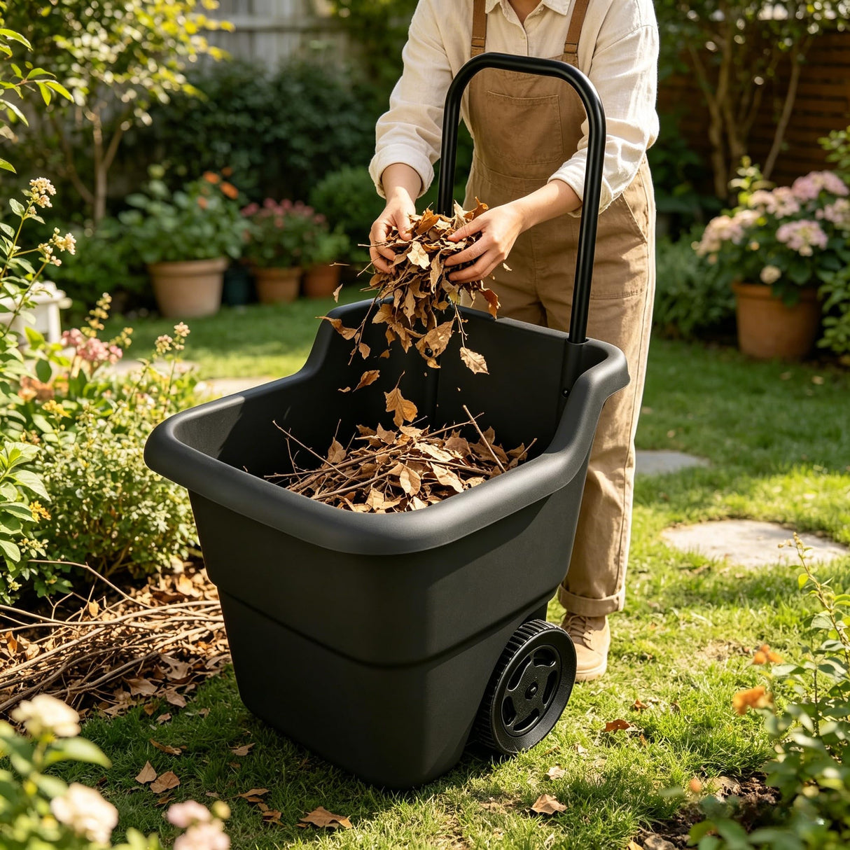 15 Gallon Rolling Garden Cart, Durable Resin Multi-Purpose Yard Cart, Retractable Handle and 7 Inch Wheels, Outdoor Utility Cart for Gardening, Lawn and Home Hauling (Black)