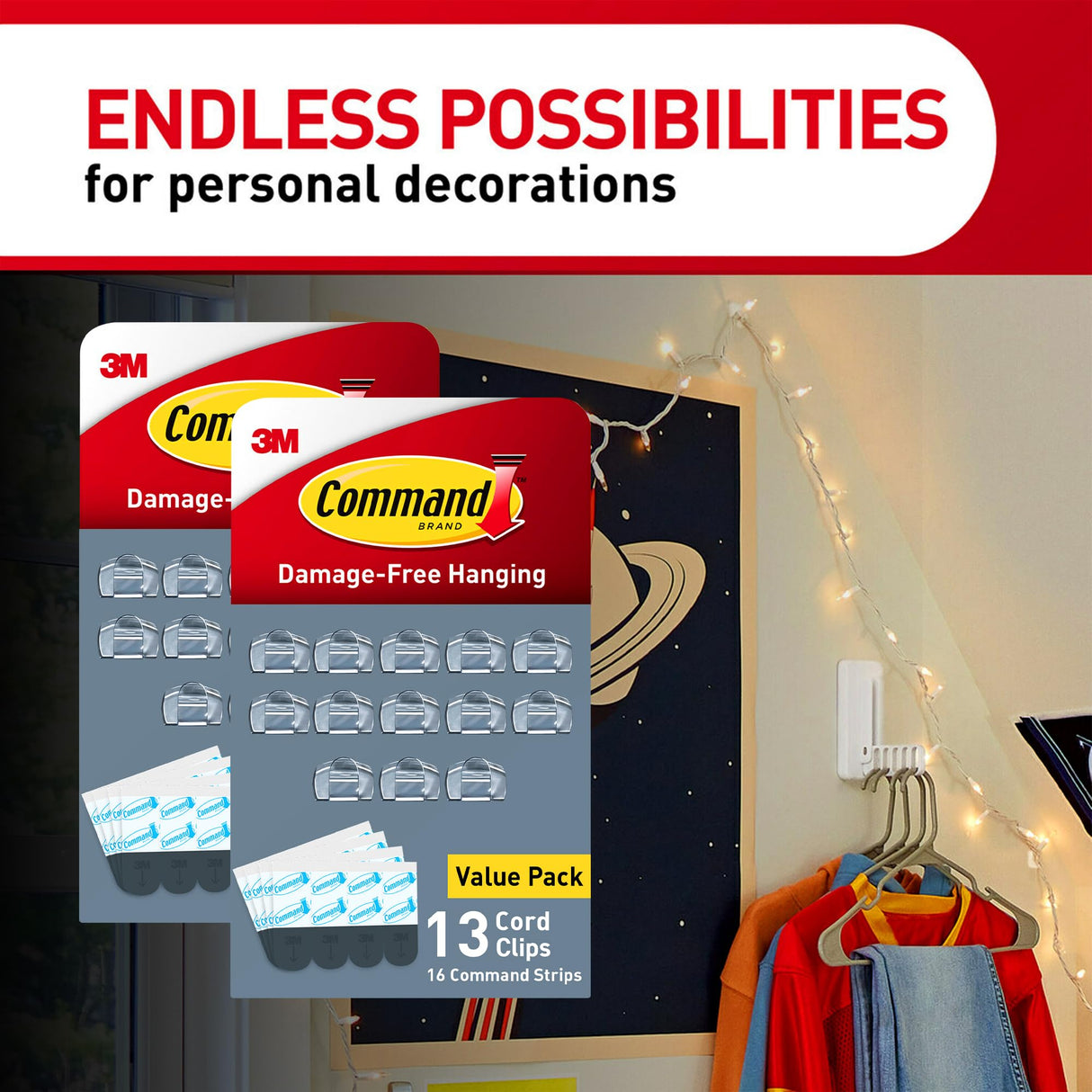 Command Round Cord Clips, Damage Free Hanging Cable, for Hanging Electrical Cables, 26 Clear Cord Clips and 32 Strips