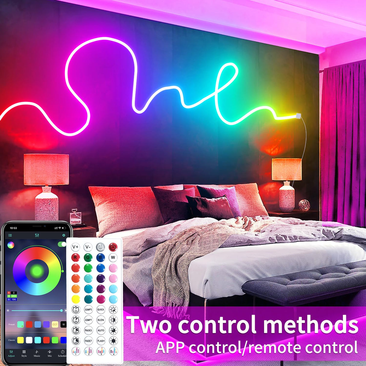 segrass 50ft RGB LED neon Rope Lights LED neon Lights with Remote Control/APP Control IP65 Waterproof Flexible Neon LED Strip Lights for Bedroom Room Outdoors Décor