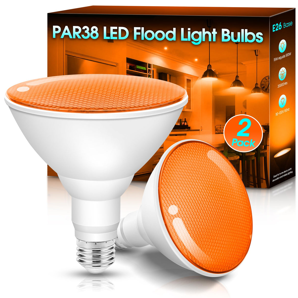 Fulighture Orange Flood Light Bulbs Outdoor 2 Pack, Par38 LED Orange Light Bulbs Not-dimmable15W(100W Equivalent) E26 Halloween Christmas Decorations Light Bulb for Porch Home Holiday Lighting