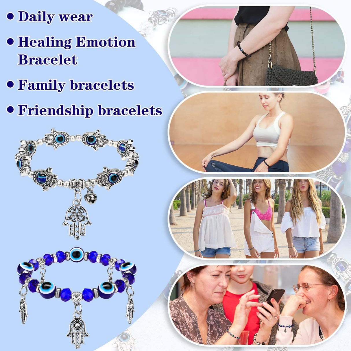 Junkin 12 Pcs Evil Eye Charm Bracelets Hamsa Beaded Charm Hand of Fatima Turkish Greek Blue Eyes Stretch Bracelet Lucky Protection Wristband for Women Men Blessing Gift