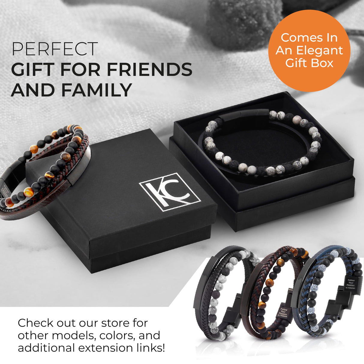 Premium Men’s Bracelet | Leather Bracelet for Men | Beaded Bracelets Black Onyx & Tiger-Eye Beads | Brown Leather Jewelry with Adjustable Stainless-Steel Clasp | Gift Dad Husband Son Boyfriend