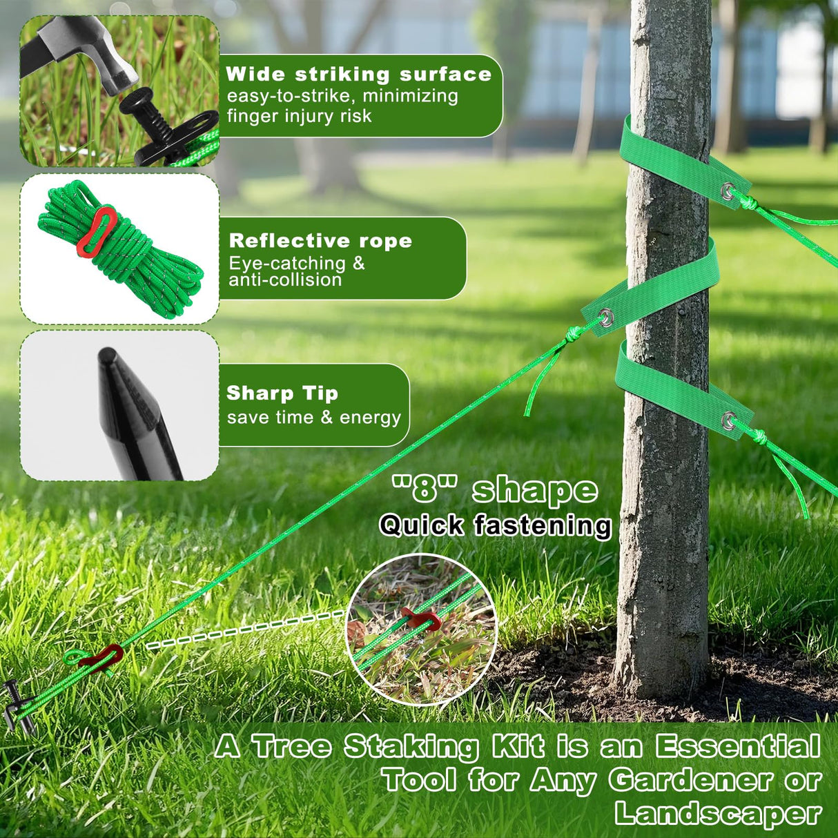 Fabulas Tree Stakes Kits, 6 Pcs 11.8 Inch Heavy Duty Steel Stakes and Supports for Leaning Young Trees Straightening with 6 Pcs Support Straps and 13.2ft Anchor Ropes, Against Strong Wind Bad Weather