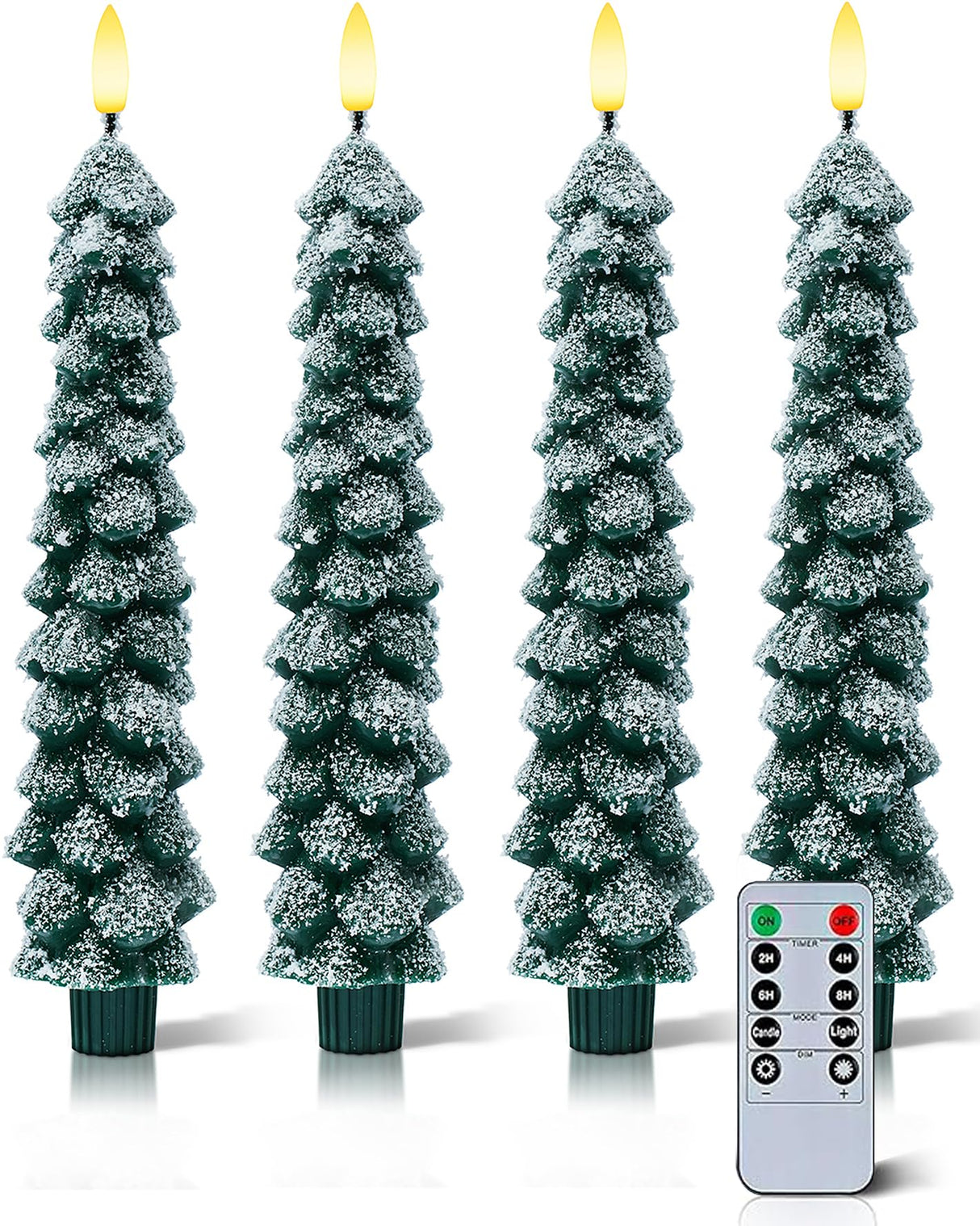 Stmarry 4 PCS Flameless Christmas Tree Candles with Remote, Snow Covered Real Wax Flameless Taper Candles 9.65 Inch, LED Candlesticks Battery Operated with 3D Flickering Flame, Christmas Candles Decor