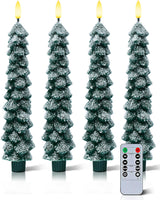 Stmarry 4 PCS Flameless Christmas Tree Candles with Remote, Snow Covered Real Wax Flameless Taper Candles 9.65 Inch, LED Candlesticks Battery Operated with 3D Flickering Flame, Christmas Candles Decor