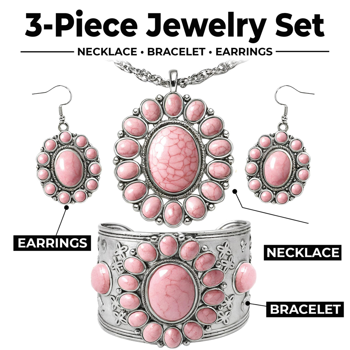 Shop LC Howlite Western Jewelry Set for Women | Turquoise Inspired Cowgirl Boho Necklace Earrings Bracelet | Chunky Statement Southwestern Jewelry - Sunset Rose