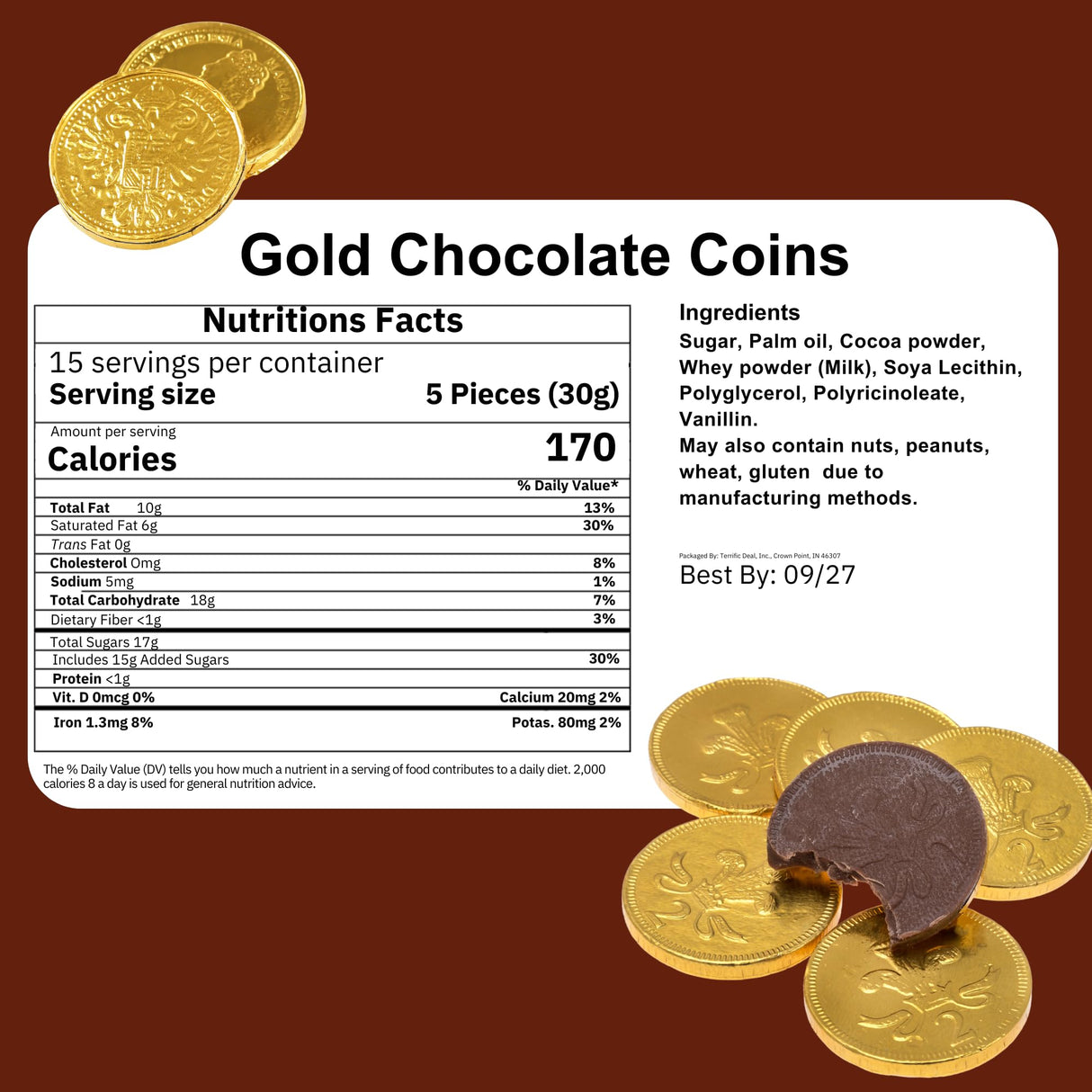 Holiday Gold Half Dollar Chocolate Coins 1LB. Milk Chocolate Coins for Birthdays, Christmas, Halloween or any ocasion. Half Dollar Gold Foil Coins, Pieces Individually Wrapped (1 Pound)
