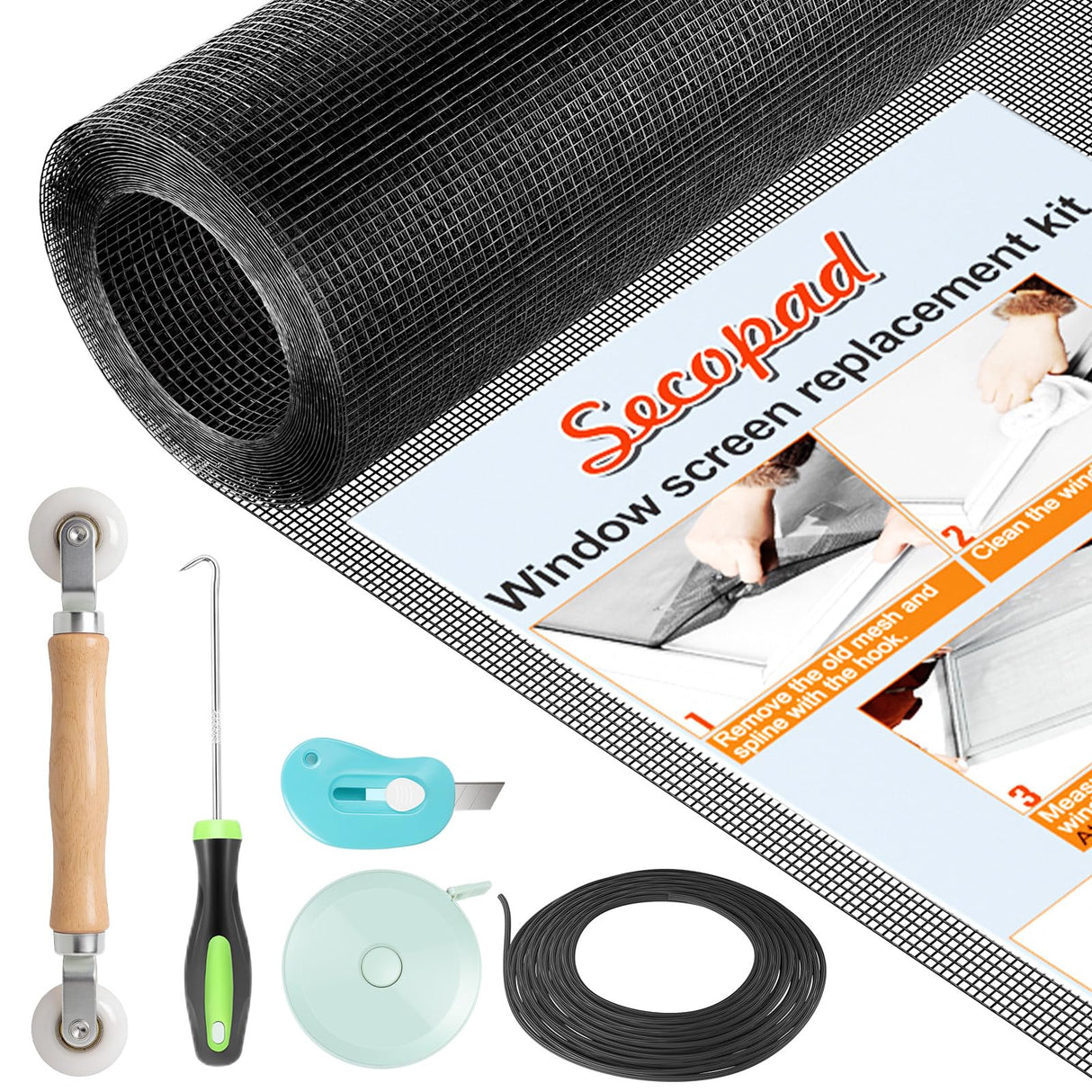 Secopad Window Screen Repair Kit, 48" x 118" Screen Door Mesh Replacement Kit, Durable Fiberglass Roll with Tools for Windows Doors Patio and Porch Replacement, Black
