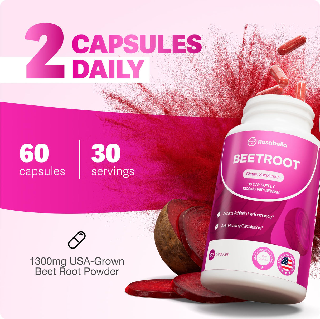 Rosabella Organic Beet Root Capsules – 1300mg Beetroot Powder for Natural Energy & Endurance Support, Non-GMO, Lab-Tested Beet Supplement - 180 Capsules, 90-Day Supply
