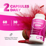 Rosabella Organic Beet Root Capsules – 1300mg Beetroot Powder for Natural Energy & Endurance Support, Non-GMO, Lab-Tested Beet Supplement - 120 Capsules, 60-Day Supply