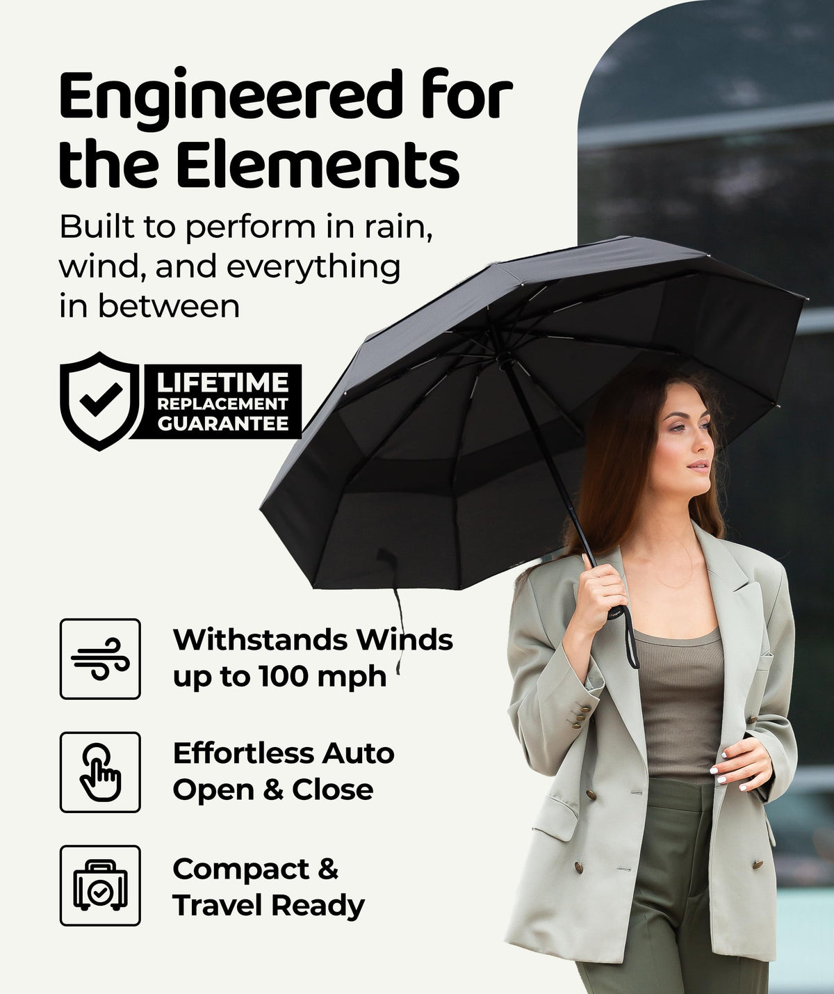 Windproof Travel Umbrella - Compact & Withstands Winds up to 100MPH, Strongest Premium Auto Folding Umbrella for Rain and Sun - Durable, Light & Portable for Women & Men, Fits Backpack & Cars