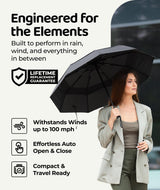 Windproof Travel Umbrella - Compact & Withstands Winds up to 100MPH, Strongest Premium Auto Folding Umbrella for Rain and Sun - Durable, Light & Portable for Women & Men, Fits Backpack & Cars