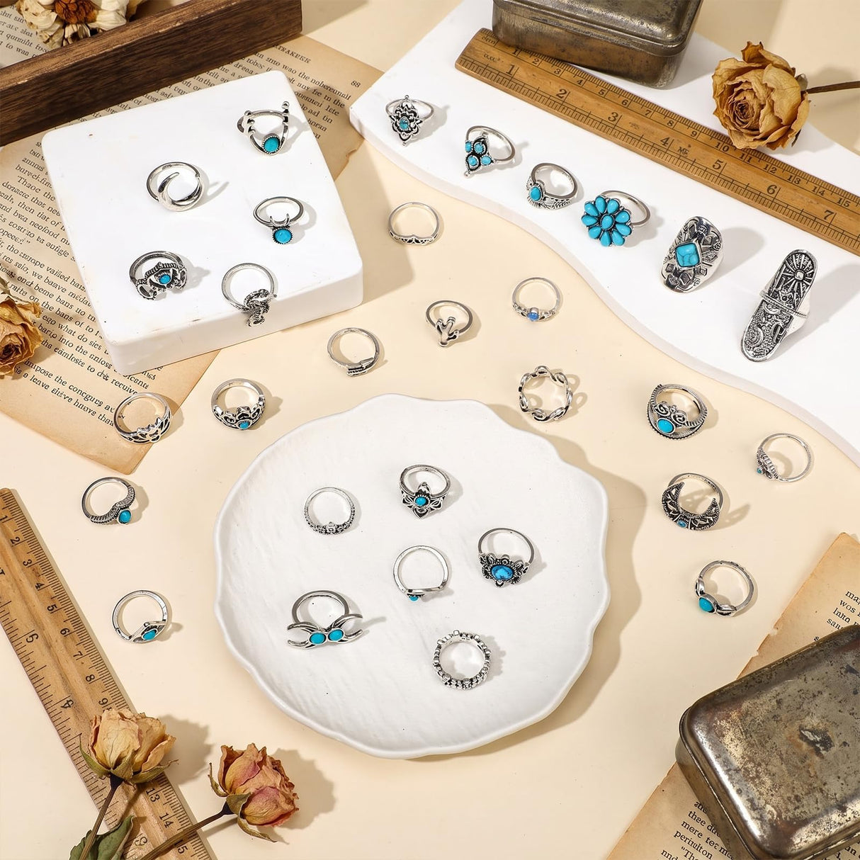 Kigeli 78 Pcs Vintage Turquoise Rings Set Women Western Bohemian Silver Oval Gemstone Boho Joint Knuckle Midi Stacking Rings for Women and Girls