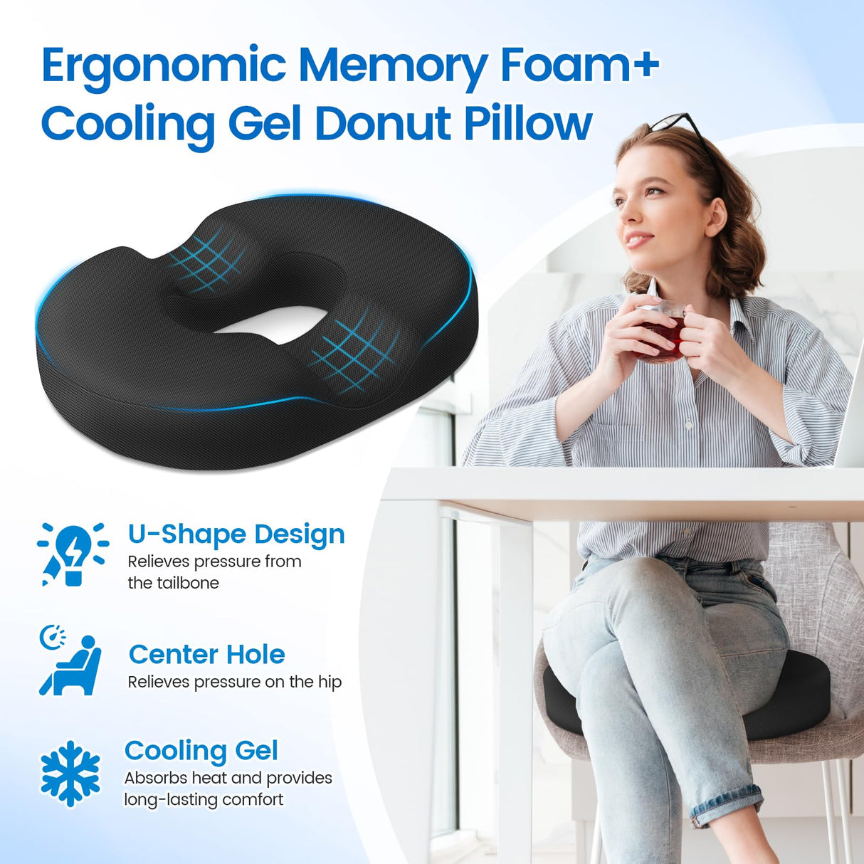 CushZone Donut Pillow Seat Cushion - Memory Foam Cooling Gel Lifting Cushion for Office & Home Chair, Car Seat, Wheelchair, Hemorrhoids Pillow, Sciatica & Tailbone Pain Relief Chair Cushion, Black
