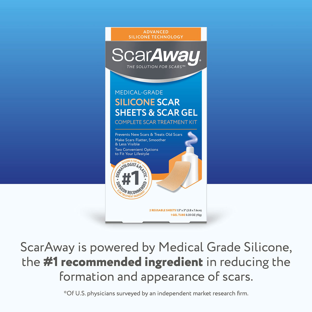 ScarAway Complete Scar Treatment Kit, Clinically Supported Treatment for Scars (2) Tan Medical-Grade Silicone Scar Sheets (1.5" x 3") and Silicone Gel (0.35 Oz), Water-Resistant & Self-Adhesive