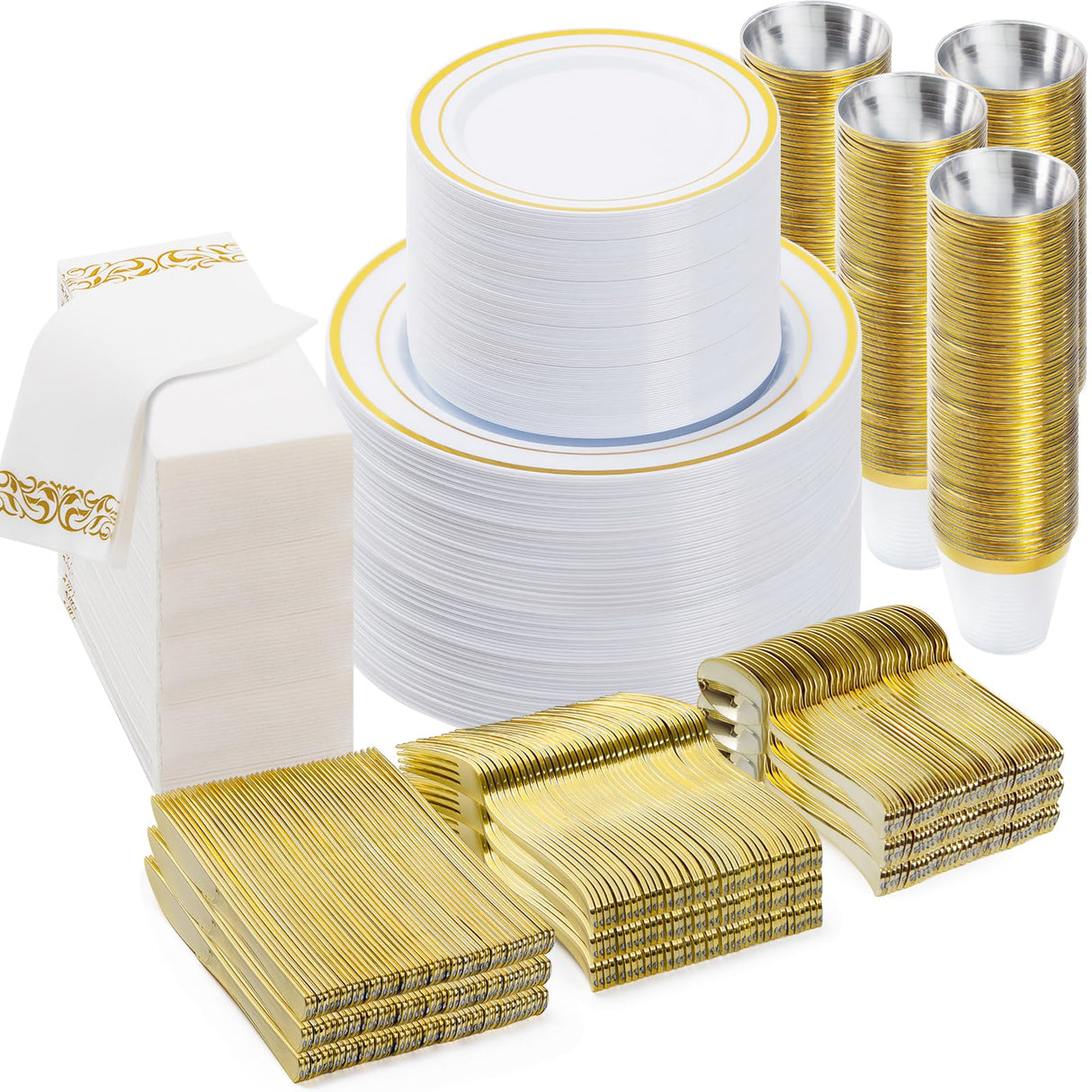 BESTVIP 700 PCS Gold Dinnerware Set for 100 Guests, Plastic Dinnerware Set for Party, Christmas, Halloween, Include: 200 Plastic Plates, 100 Gold Silverware, 100 Cups, 100 Paper Napkins