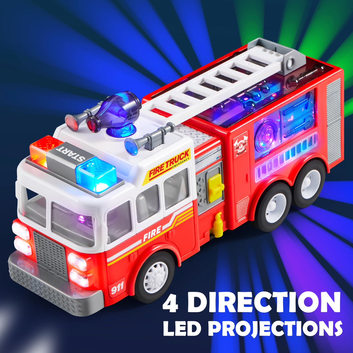 JOYIN LED Fire Truck Toy for Toddlers - LED Projections & Sirens, Bump and Go Fire Engine Trucks with Mode Switch & Volume Control, Kids Firetruck, Boy Toys, Christmas Birthday Gifts for Grandkids