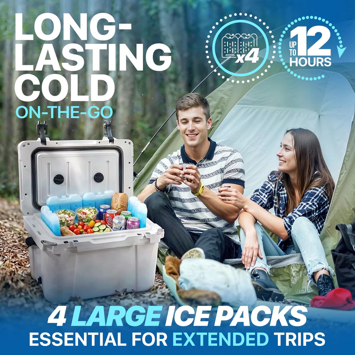 RIDGECOOL 4 Pack Reusable Large Ice Packs for Cooler, Long Lasting Freezer Packs for Camping, Beach, and Road Trips, Cooler Ice Packs BPA-Free Non-Toxic, 8"x 6.7"