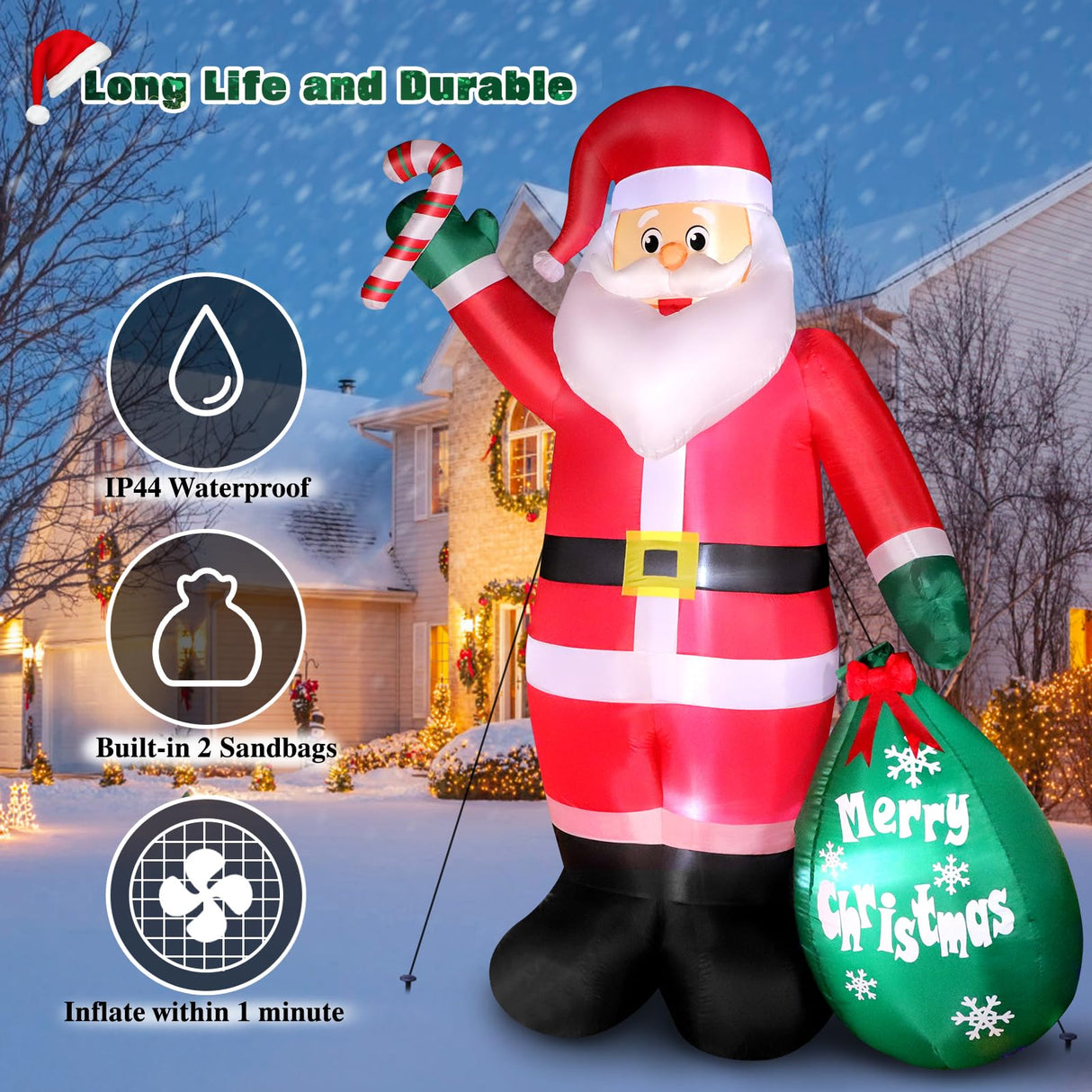 8 FT Christmas Inflatable Santa Claus with Candy and Big Gift Bag Outdoor Decor, Blow Up IP44 Weatherproof Xmas Decorations for Yard, Built-in LED Light for Gardern Lawn Indoor Winter Holiday