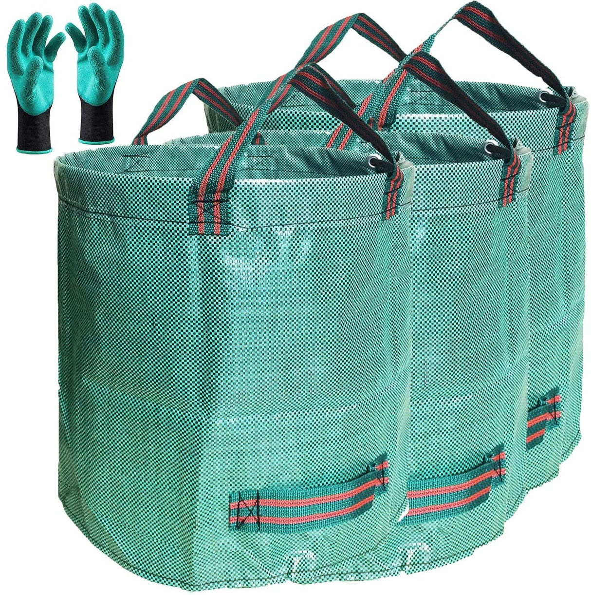 Standard 3-Pack 32 Gallon Lawn Garden Bags (D18,H30 inch) Yard Waste Bags with Gardening Gloves - Reusable Leaf Bags,Yard Debris,Trash Container,Plant Trimmings Bag,Grass Clippings,Weeds Bag 4 Handles