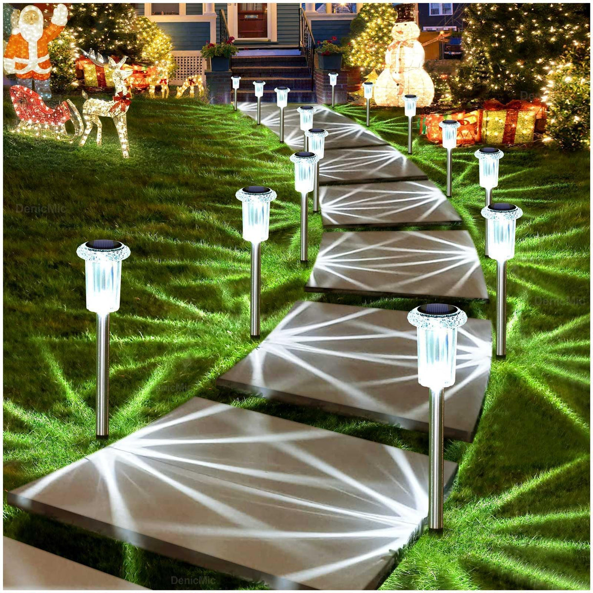 DenicMic Solar Lights Outdoor 10 Pack Waterproof 6000K Cold White LED Stainless Steel Stake for Pathway Yard Garden Driveway Solar Powered Outside Christmas Decor