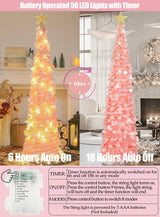 HMASYO 5 FT Pop Up Christmas Tree with Timer Lights, Pink Christmas Tinsel Tree, Collapsible Artificial Pencil Christmas Tree for Indoor Home Apartment Porch Holiday Party Decorations