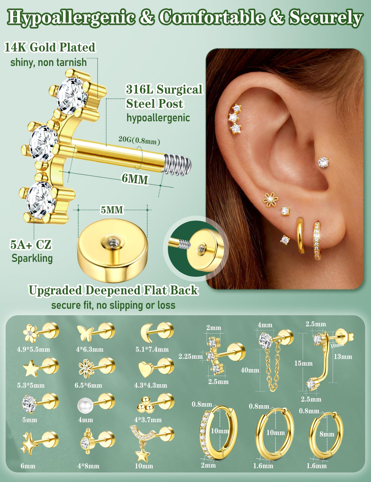 BESTEEL Hypoallergenic Flat Back Earrings Cartilage Earring Stacks 18 Pairs
