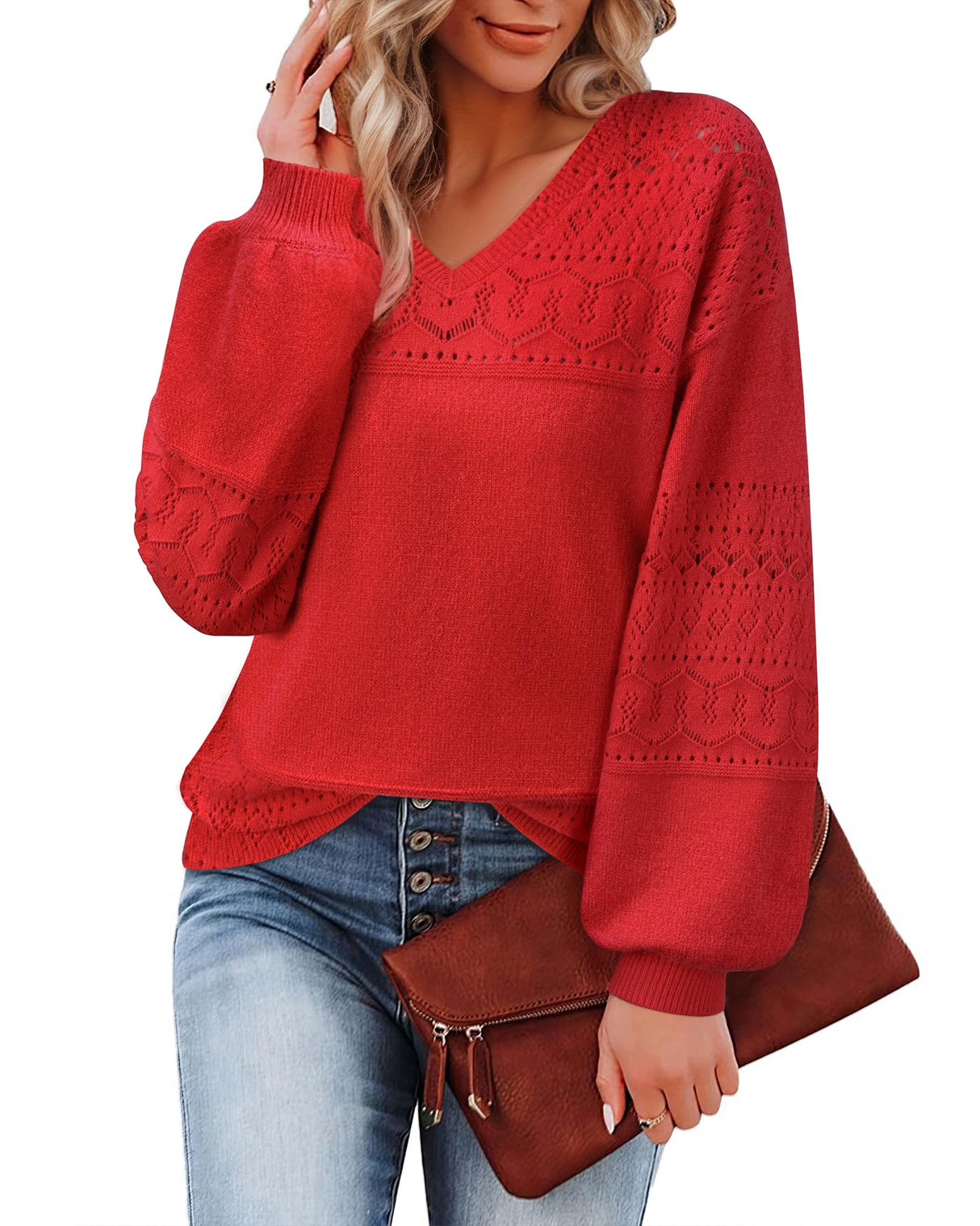 Messic Womens Sweaters Trendy Fall 2025, Christmas Tops for Women Dressy Tunic Sweaters Festival Outfits for Women Boho Cozy Soft Sweaters Top for Leggings Evening Party Cruise Red Large