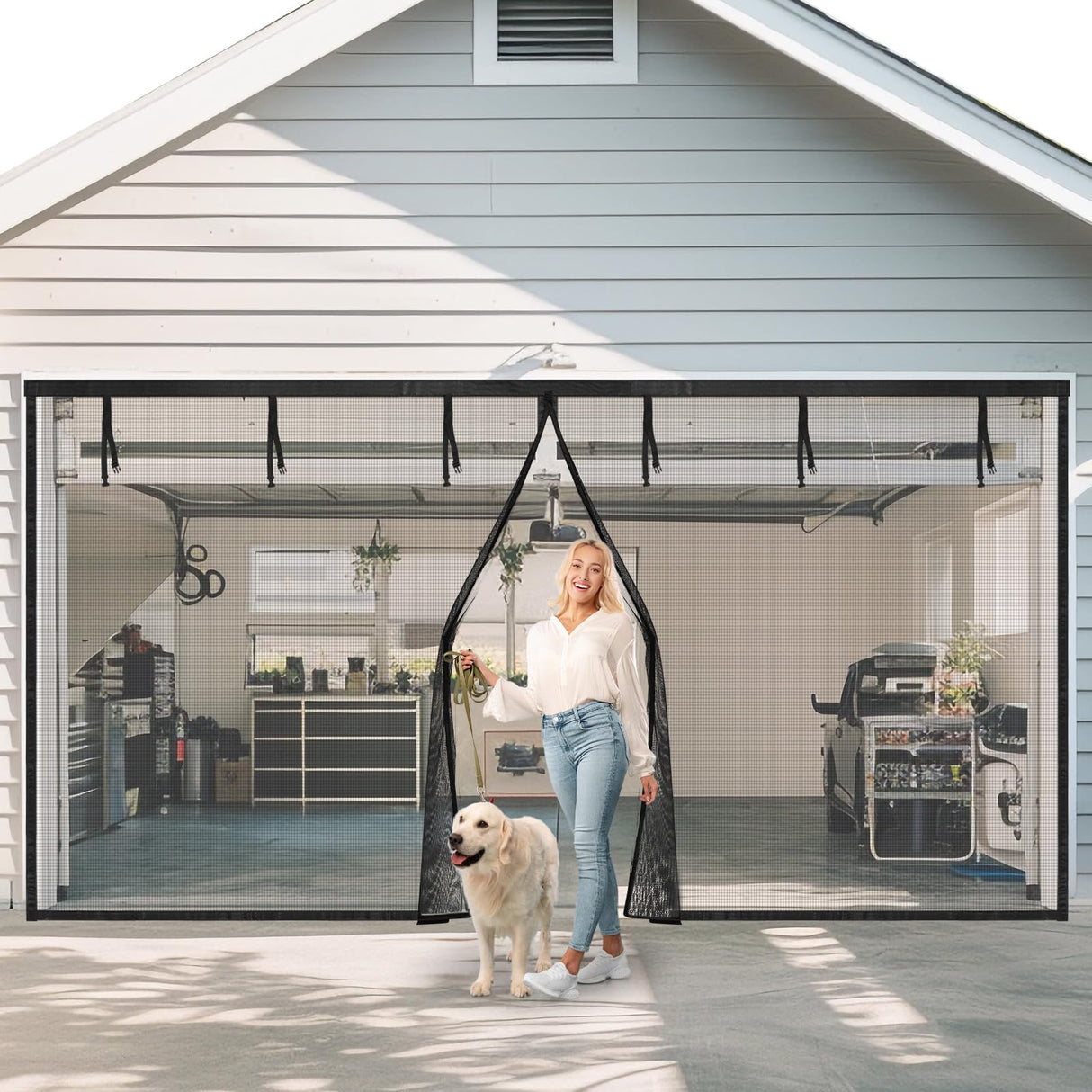 Garage Door Screen for 1 Car, 2 Car Garage, Magnetic Closure Heavy Duty Weighted Bottom Fiberglass Mesh Keep Annoying Animal Out (Black, 16 ft x 10 ft)